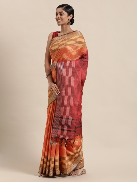 

swatika Orange & Red Woven Design Zari Linen Blend Ikat Saree