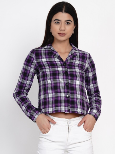 

IX IMPRESSION Women Purple & Grey Checked Shirt Style Crop Top