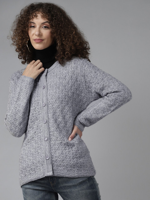 

Cayman Women Grey Woollen Self-Design Cardigan