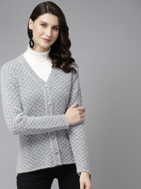 

Cayman Women Grey Self Design Woollen Fuzzy Cardigan