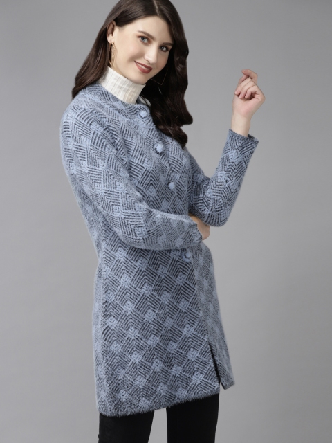 

Cayman Women Blue Cable Knit Longline Front-Open Woollen Cardigan