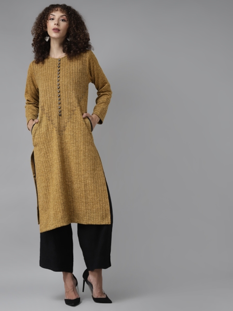 

Cayman Women Mustard Yellow & Black Striped Woollen Straight Winter Kurta
