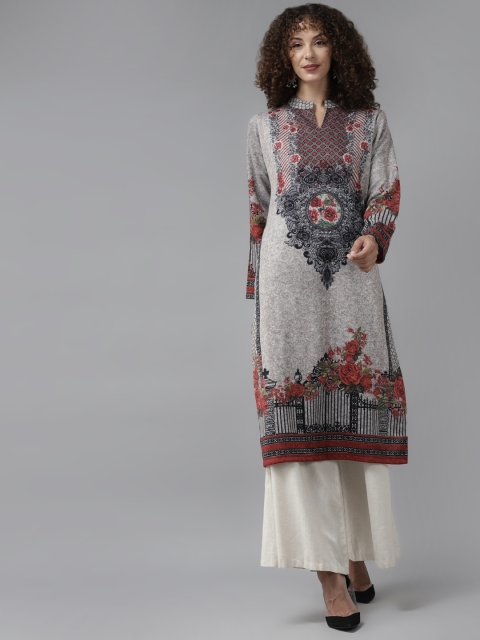 

Cayman Women Grey Melange & Maroon Ethnic Motifs Printed Kurta