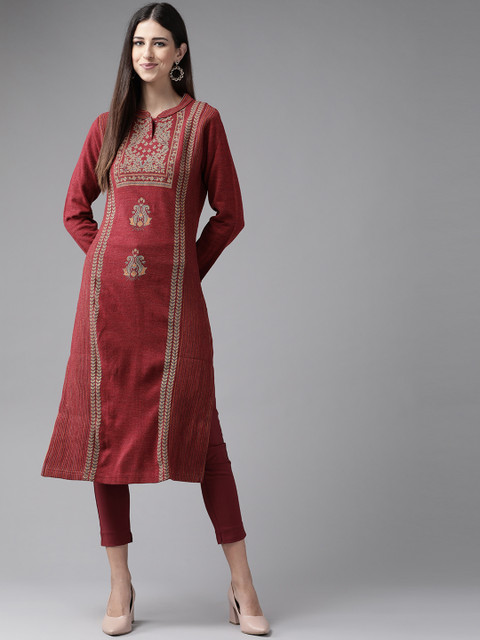 

Cayman Women Maroon Woven Design Woollen Kurta