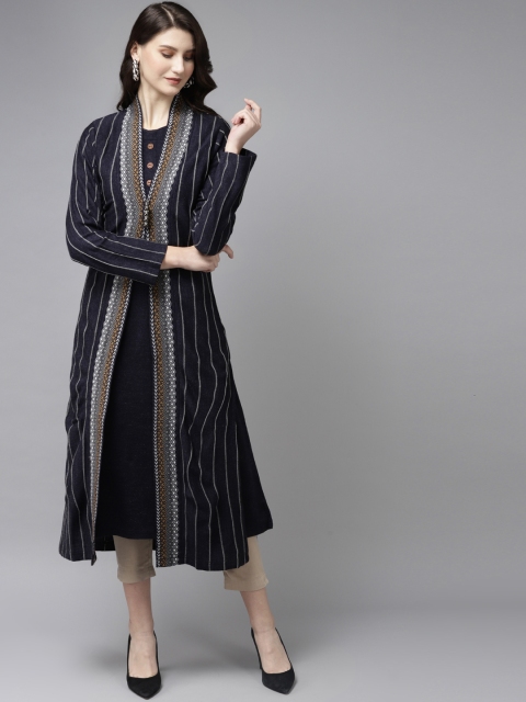 

Cayman Women Navy Blue Solid A-Line Kurta with Striped Longline Ethnic Jacket
