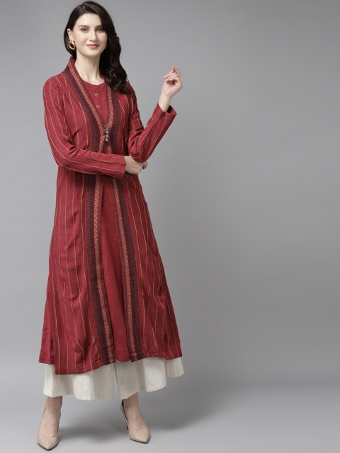 

Cayman Women Maroon Woollen Straight Winter Kurta with Striped Longline Ethnic Jacket
