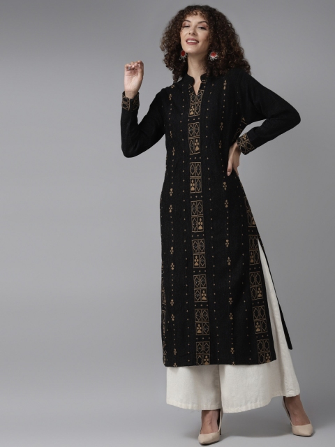 

Cayman Women Black & Beige Woven Design Woollen Straight Winter Kurta