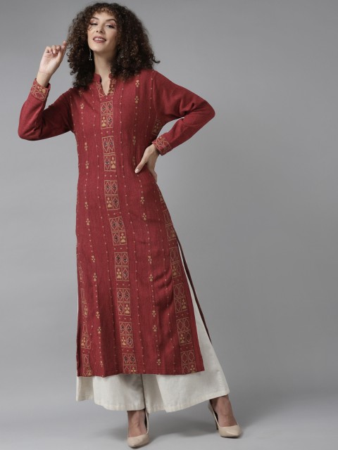 

Cayman Women Maroon & Mustard Yellow Woven Design Pure Wool Straight Winter Kurta