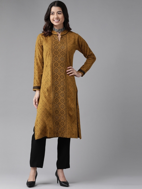 

Cayman Women Mustard Yellow Woven Design Woollen Kurta