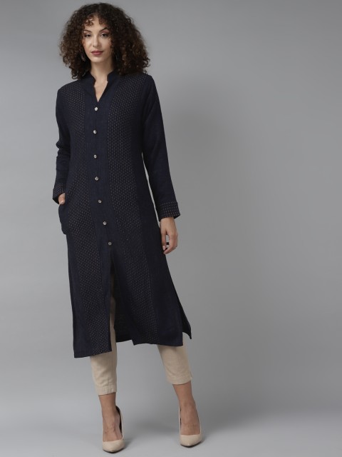 

Cayman Women Navy Blue & Beige Woven Design Woollen Straight Winter Kurta
