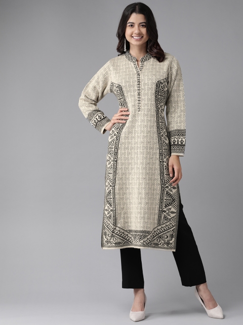 

Cayman Women Cream-Coloured Woven Design Woollen Kurta