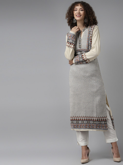 

Cayman Women Off-White & Blue Ethnic Motifs Woven Design Woollen Straight Winter Kurta