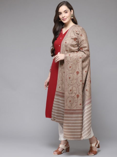 

Cayman Women Taupe & Maroon Ethnic Motifs Woven Design Woolen Shawl