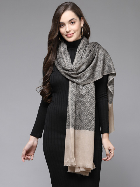 

Cayman Women Charcoal Grey & Beige Ethnic Motifs Woven Design Shawl