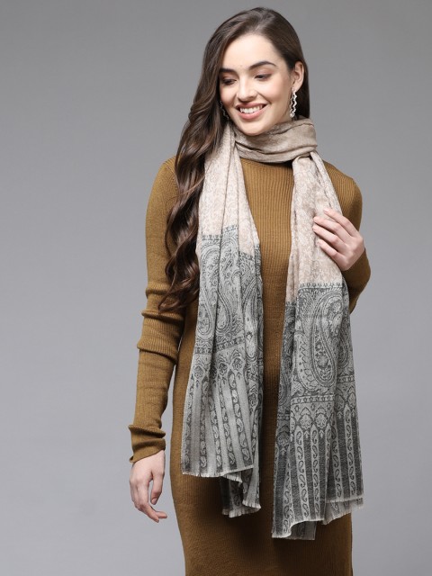 

Cayman Women Beige & Charcoal Grey Ethnic Motifs Woven Design Shawl