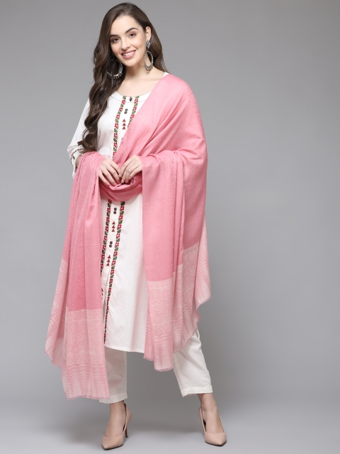 

Cayman Women Pink Ethnic Motifs Woven Design Woolen Shawl