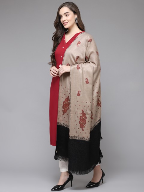 

Cayman Women Beige & Maroon Ethnic Motifs Embroidered Woolen Shawl
