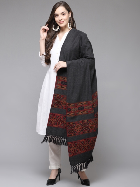 

Cayman Women Charcoal Grey & Red Woollen Woven Design Shawl