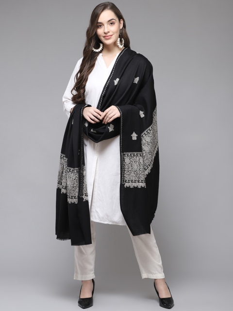 

Cayman Women Black & Off-White Woollen Embroidered Shawl