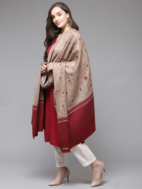 

Cayman Women Beige & Red Woollen Woven Design Shawl
