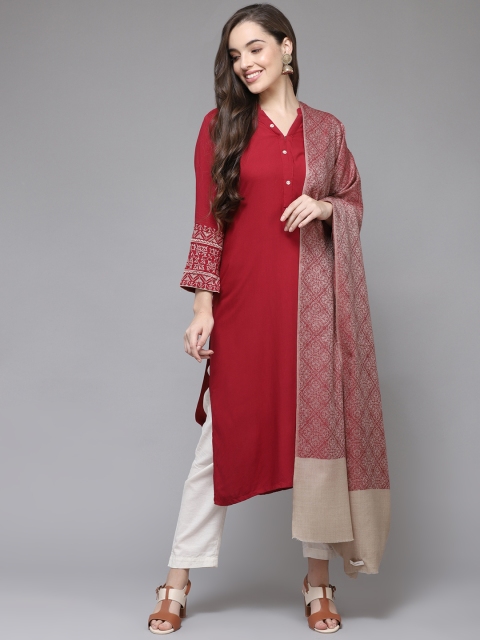 

Cayman Women Red & Beige Woollen Woven Design Shawl