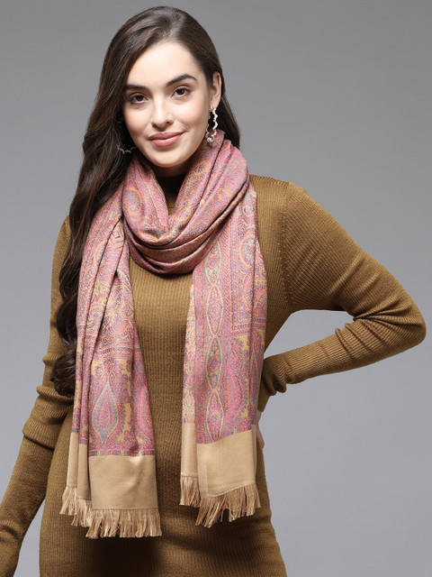 

Cayman Women Mustard Yellow & Pink Woven Design Woolen Shawl