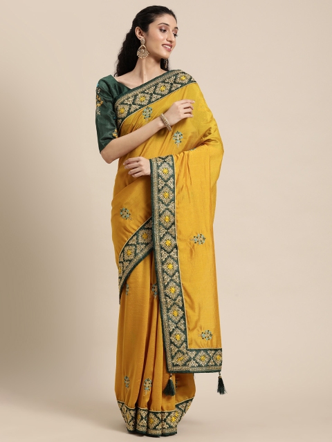 

Mitera Mustard & Green Ethnic Motifs Embroidered Silk Blend Banarasi Saree