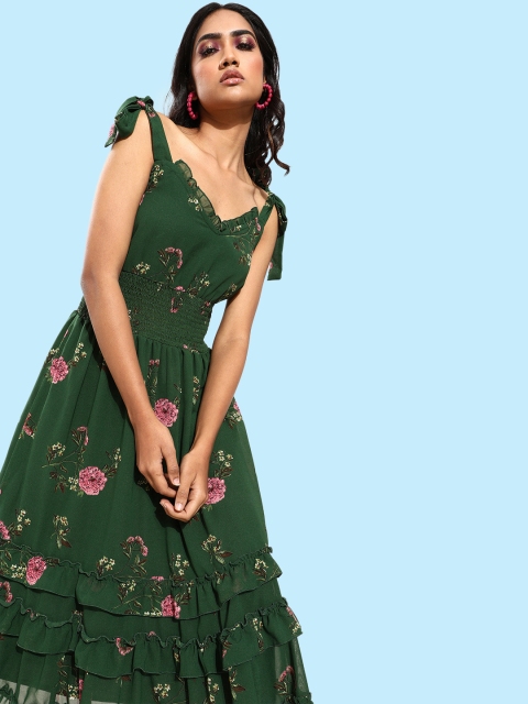 

Antheaa Green Floral Georgette Midi Dress
