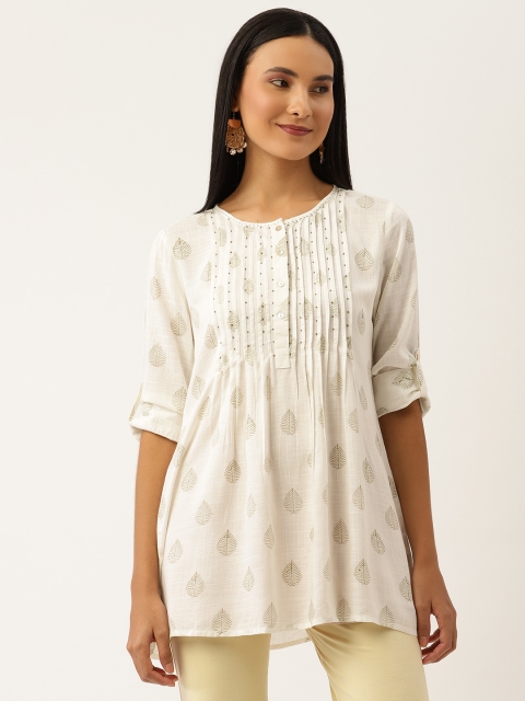 

Ancestry White Floral Printed Pure Cotton Pleated Jaipuri Kurti