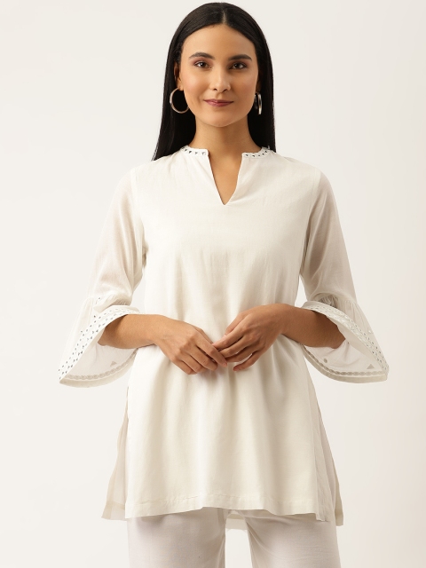 

Ancestry Cream-Coloured V-Neck Flared Sleeves Aaina Classic Kurti