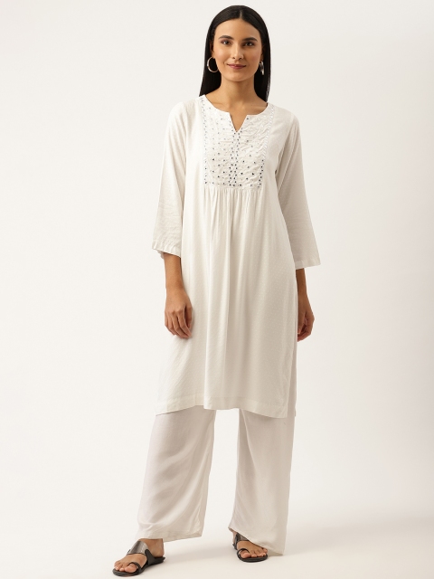 

Ancestry Women White Geometric Yoke Design Mirror Work Kurta