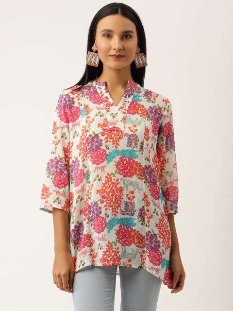 

Ancestry White & Pink Floral Printed Pastel Pop Kurti