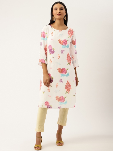 

Ancestry Women Off White & Pink Floral Printed Kush Bahar Kurta