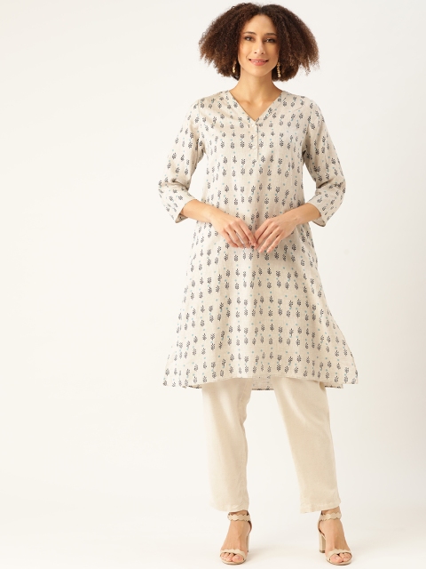 

Ancestry Women Beige Ethnic Motifs Printed Linen Kurta
