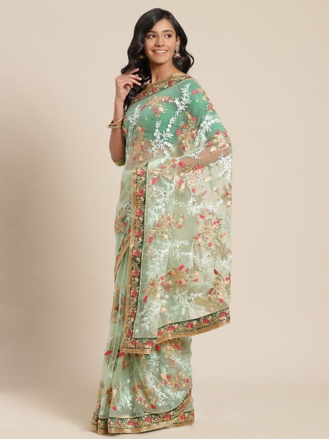 

Chhabra 555 Green & Pink Ethnic Embroidered Net Heavy Work Saree