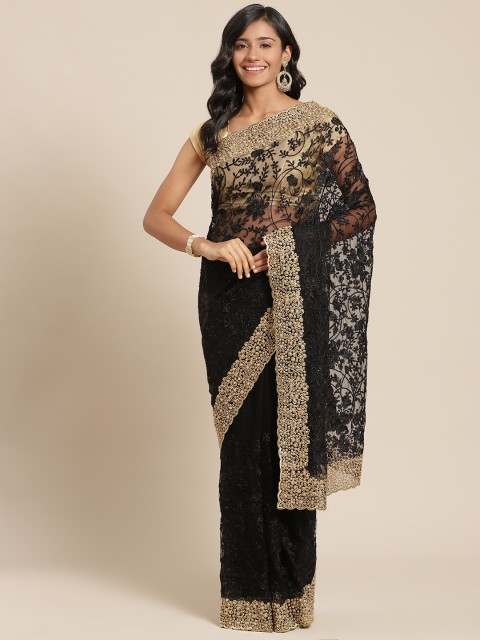 

Chhabra 555 Black & Golden Ethnic Motifs Embroidered Net Heavy Work Saree