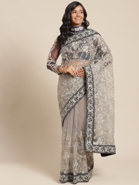 

Chhabra 555 Silver & Navy Blue Ethnic Embroidered Aari Work Net Saree, Grey