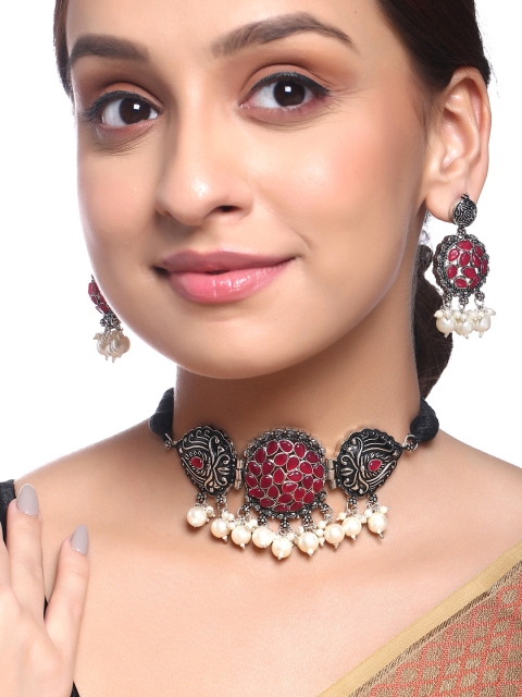 

Yellow Chimes Oxidized Silver-Plated Pink Stone-Studded & Beads Choker Jewellery Set