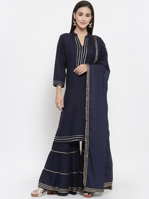 

FERANOID Women Navy Blue Kurta with Sharara & Dupatta