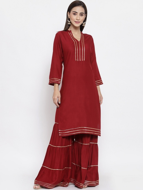

FERANOID Women Red Gotta Work Kurta with Sharara & Dupatta