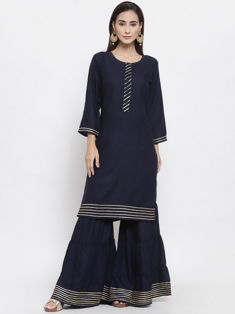 

FERANOID Women Navy Blue Gotta Work Kurta with Sharara & Dupatta