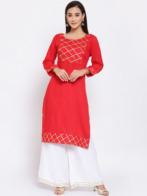 

FERANOID Women Red & White Gotta Work Kurta with Palazzo