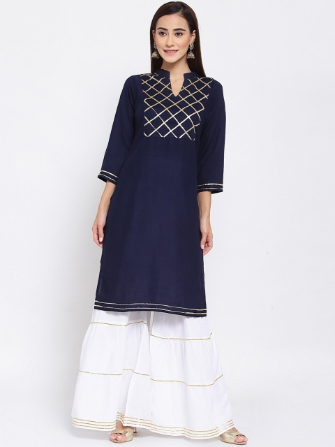 

FERANOID Women Navy Blue & White Gotta Work Kurta with Sharara