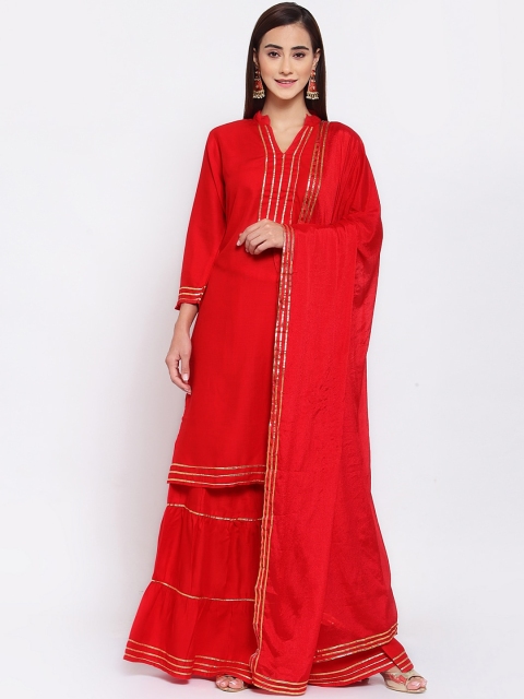 

FERANOID Women Red Gotta Work Kurta with Sharara & Dupatta