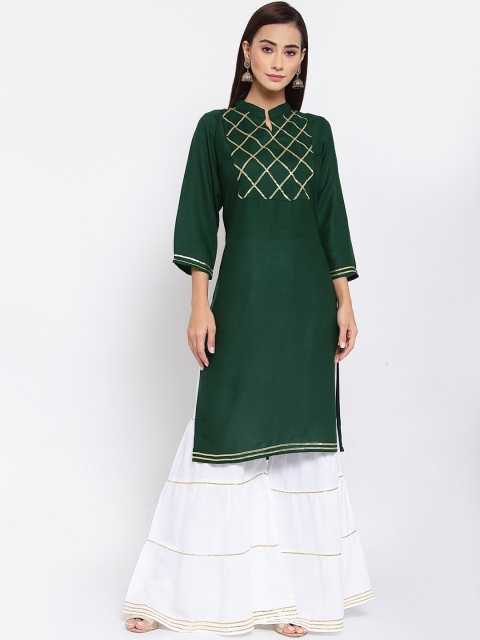 

FERANOID Women Green & White Gotta Work Kurta with Sharara