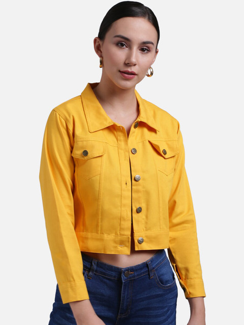 

FurryFlair Women Yellow Crop Denim Jacket