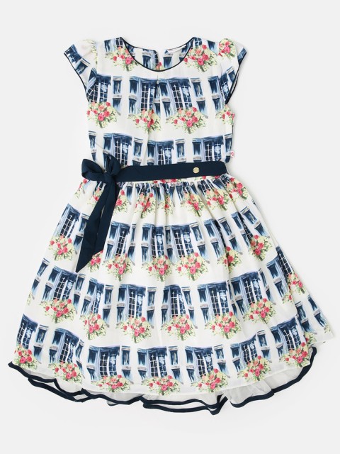 

Peppermint Girls White & Blue Printed Fit & Flare Dress