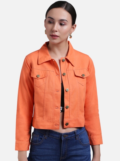 

FurryFlair Women Peach-Coloured Crop Denim Jacket