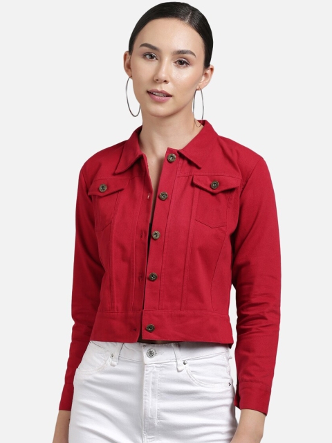 

FurryFlair Women Red Crop Denim Jacket
