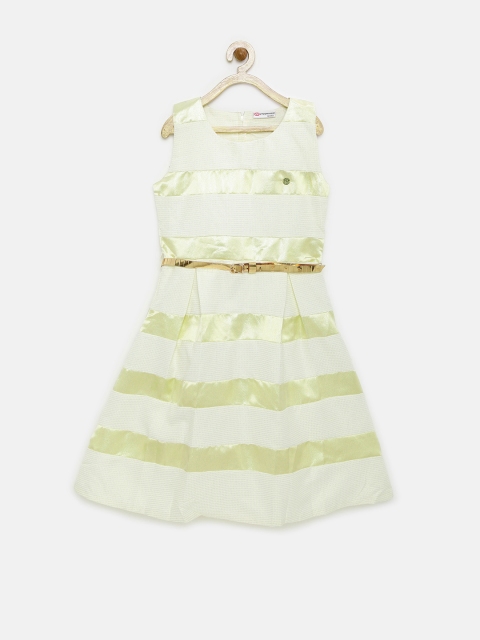 

Peppermint Girls Cream-Coloured & Muted Gold-Toned Striped A-Line Dress